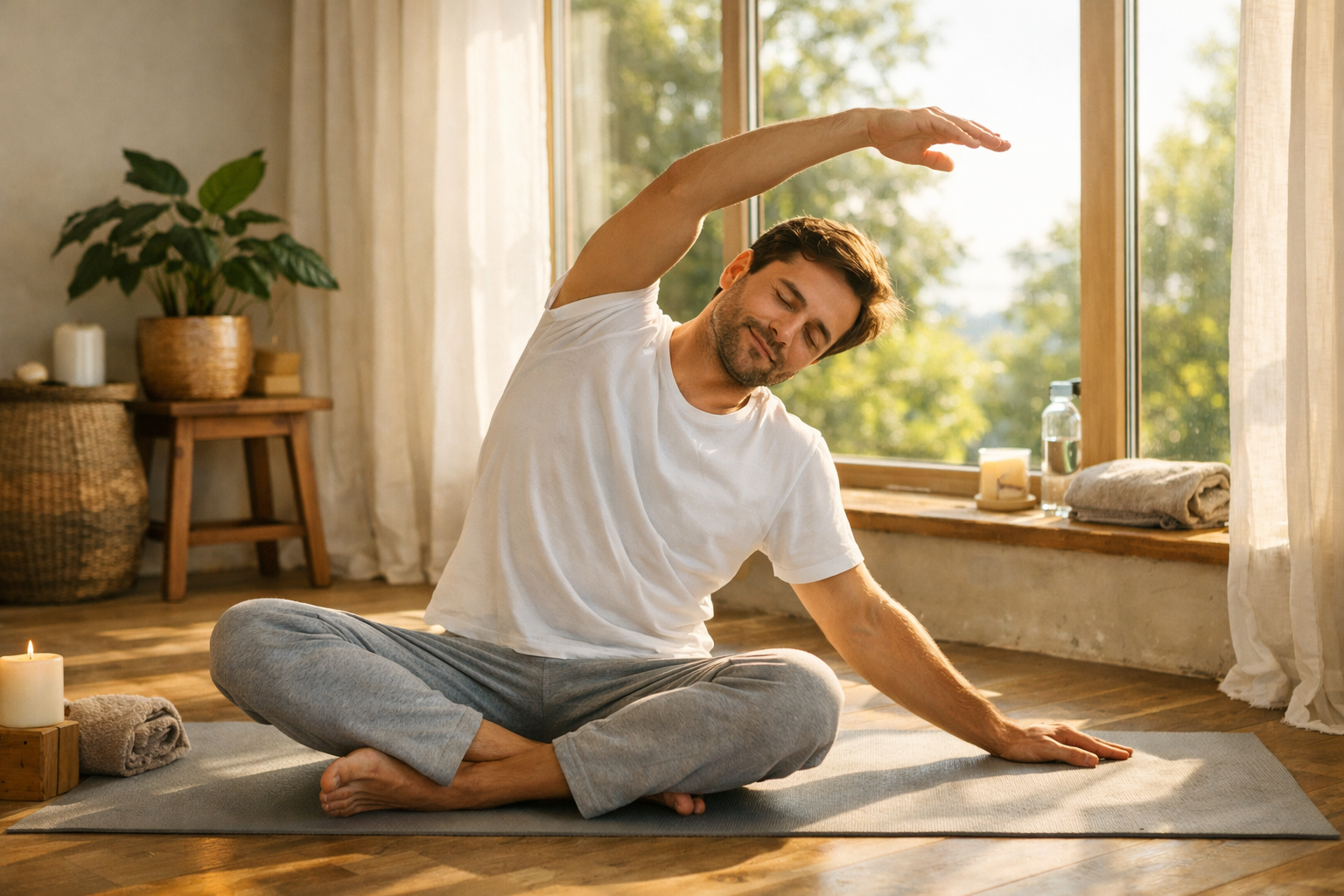 Poranna rozci&aogon;gaj&aogon;ca rutyna w naturalnym &sacute;wietle, m&eogon;&zdot;czyzna wykonuj&aogon;cy delikatne pozycje jogi przy oknie, spokojna i dodaj&aogon;ca energii atmosfera, koncepcja zdrowego stylu &zdot;ycia