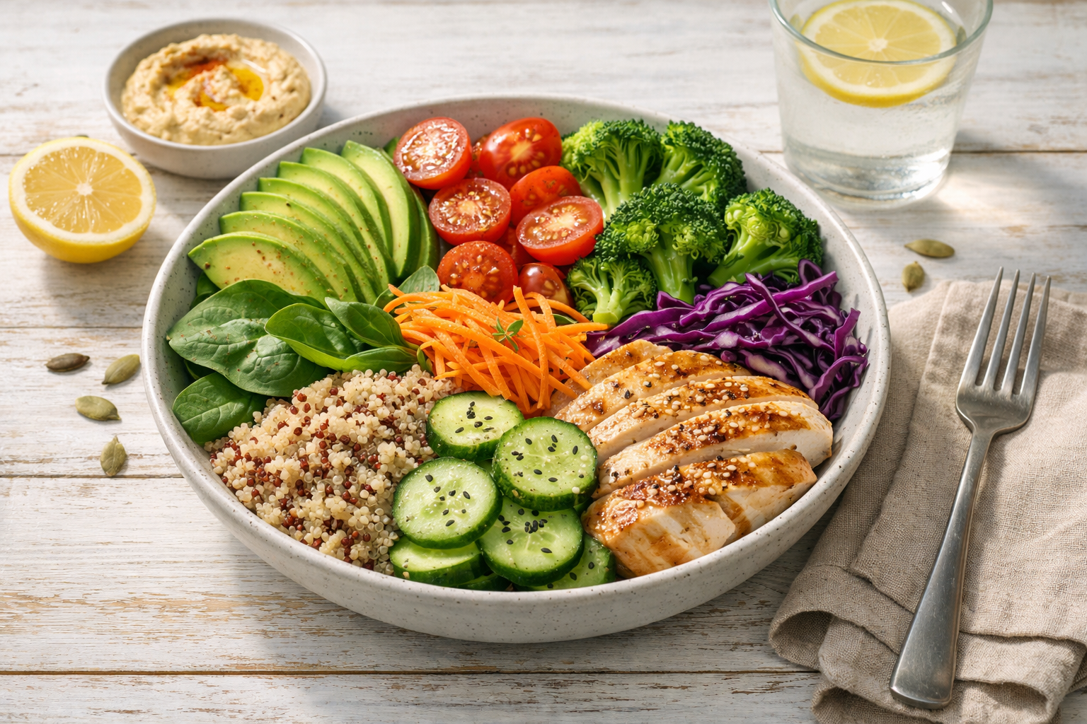 Zr&oacute;wnowa&zdot;ona zdrowa miska obiadowa ze &sacute;wie&zdot;ymi warzywami, chudym bia&lstrok;kiem i pe&lstrok;nymi ziarnami, naturalne o&sacute;wietlenie, koncepcja czystego i po&zdot;ywnego posi&lstrok;ku